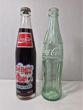 Two Vintage Coca Cola Coke 10oz  Clear / Green Glass Contour Bottles A533